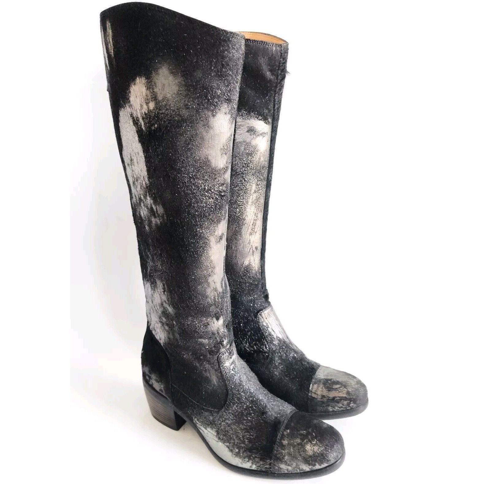 Frye Black Pewter Metallic Leather Calf Hair Size 6 Knee High Tall Riding Boots